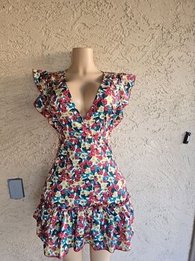 Deep V Floral Ruffle Mini Dress - Multi-Color